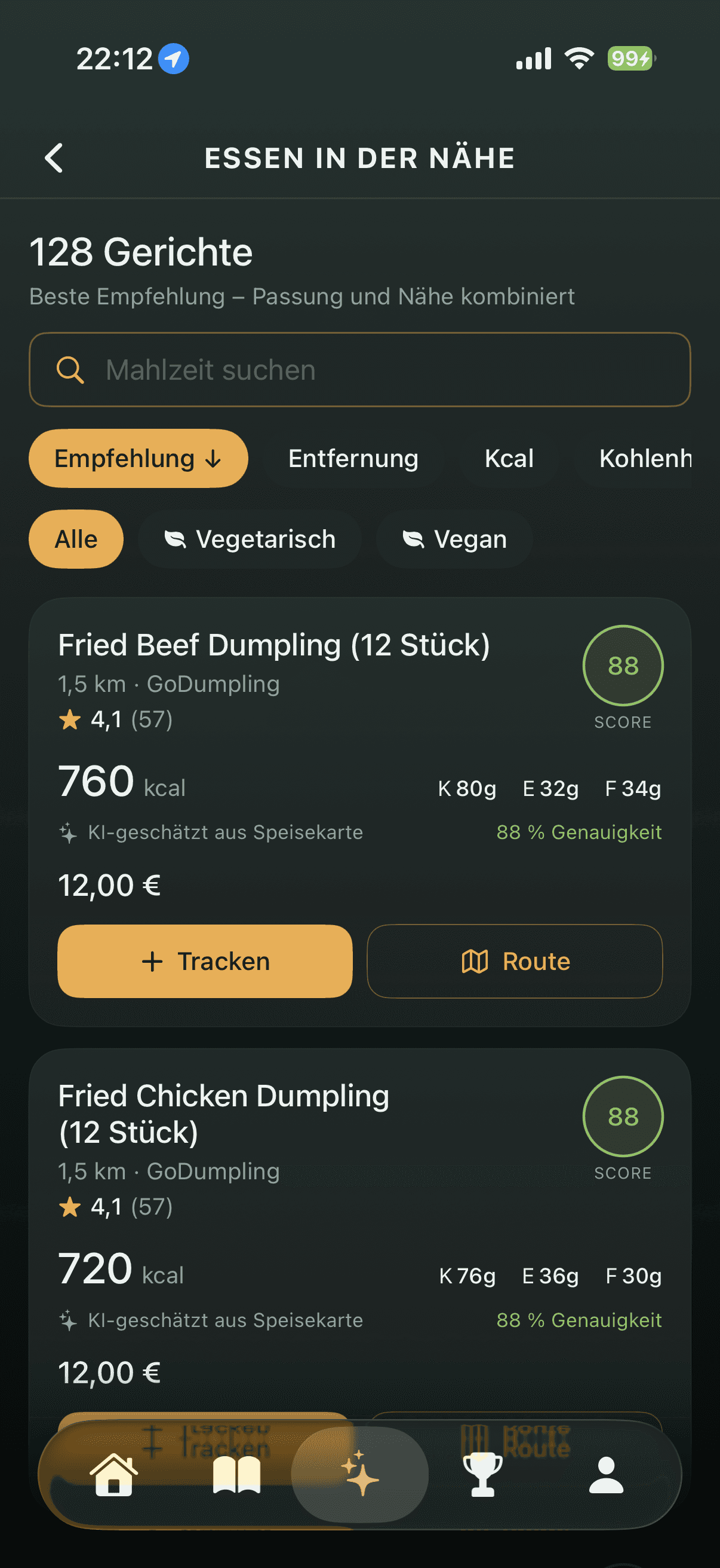 Screenshot der Essen-in-der-Nähe-Empfehlung in der wdiet-App mit nach Passung und Nähe sortierten Mahlzeiten