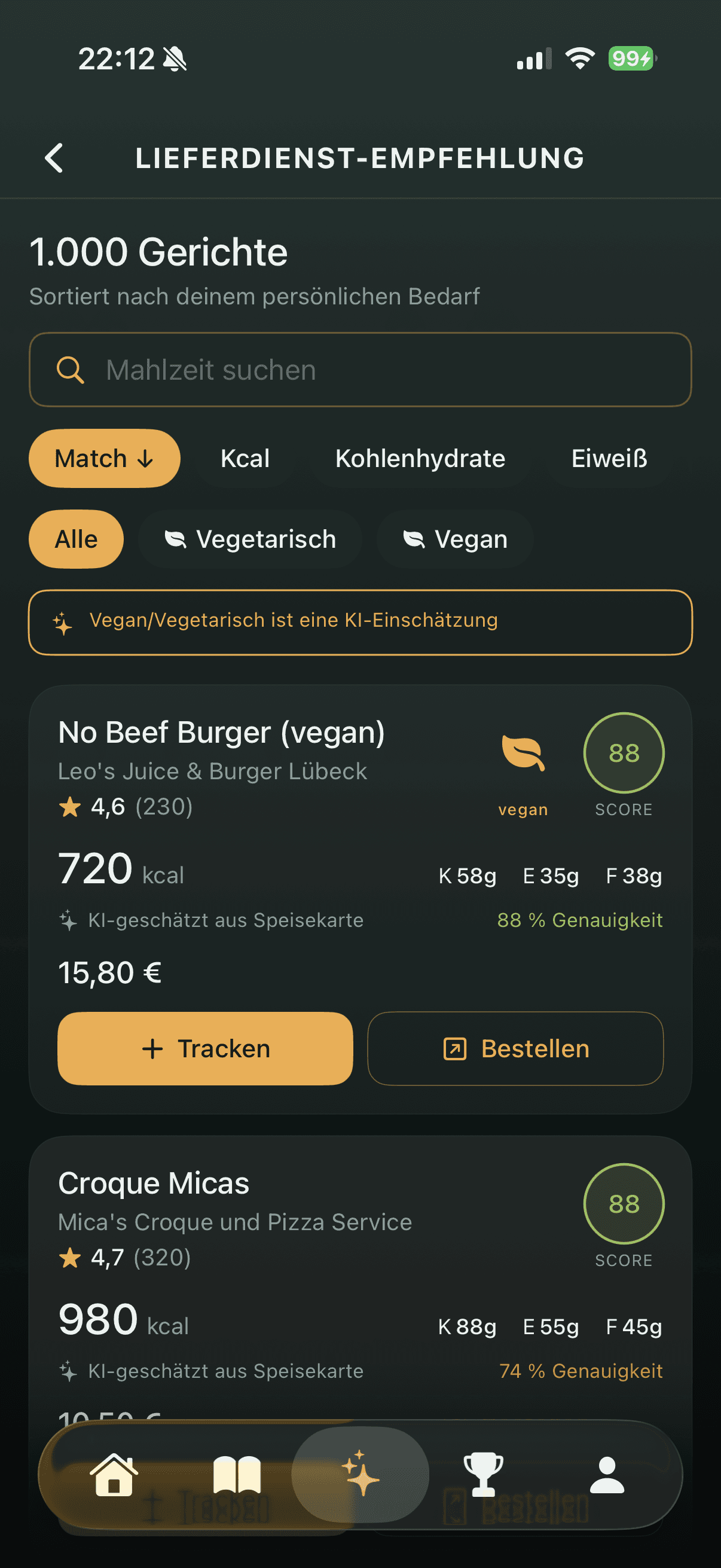 Screenshot der Lieferdienst-Empfehlung in der wdiet-App mit nach Bedarf sortierten Mahlzeiten